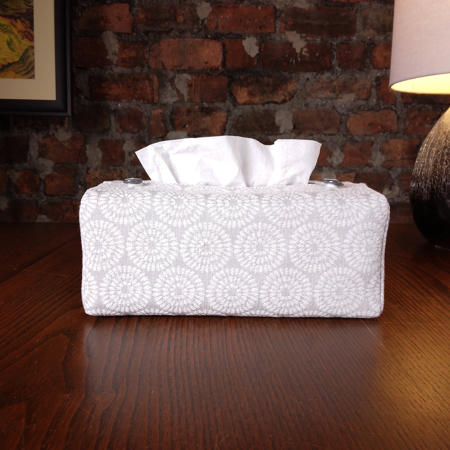 Rectangular Fabric Tissue Box Cover - Retro Design on Light Grey