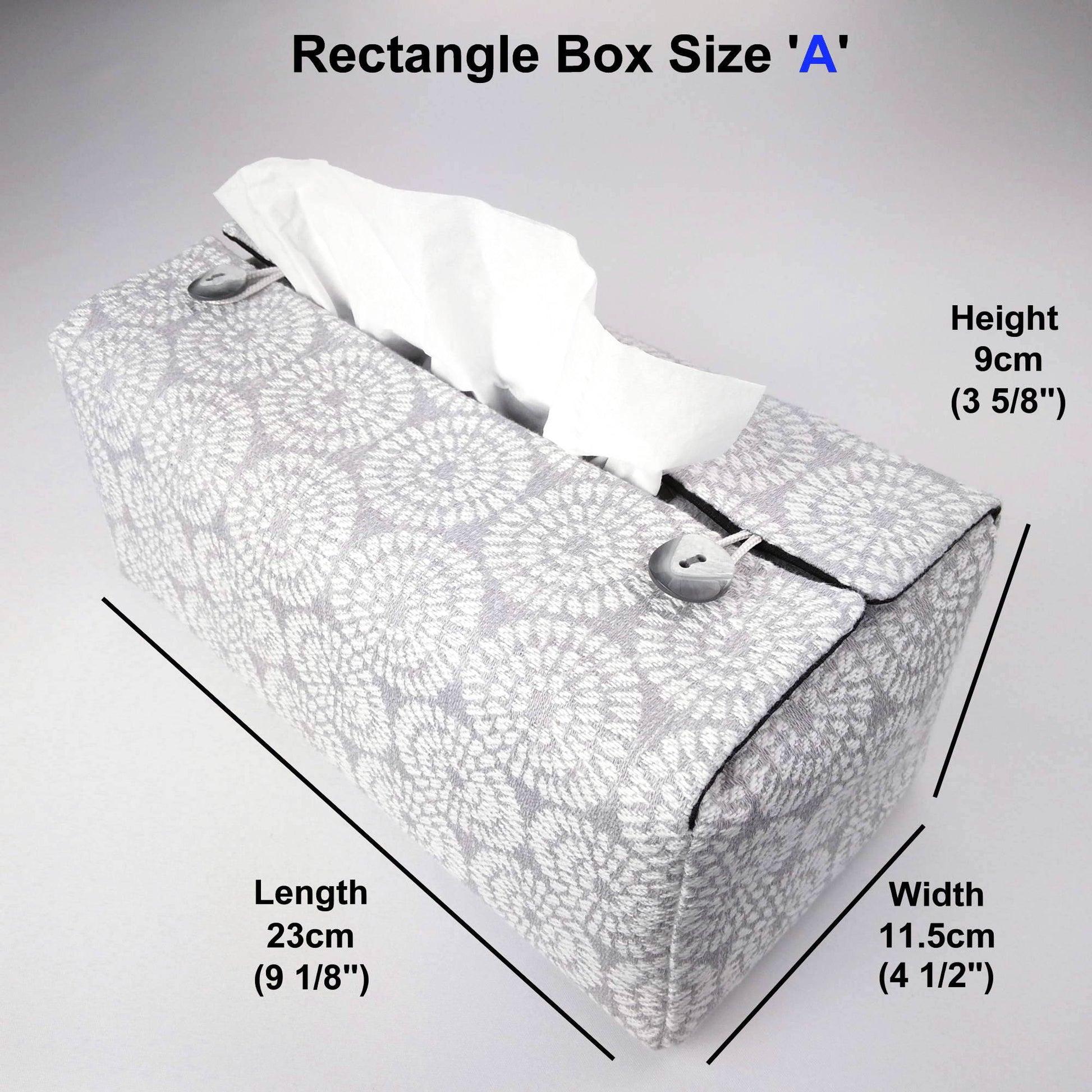 Rectangle tissue box cover with white retro daisy design on light grey background