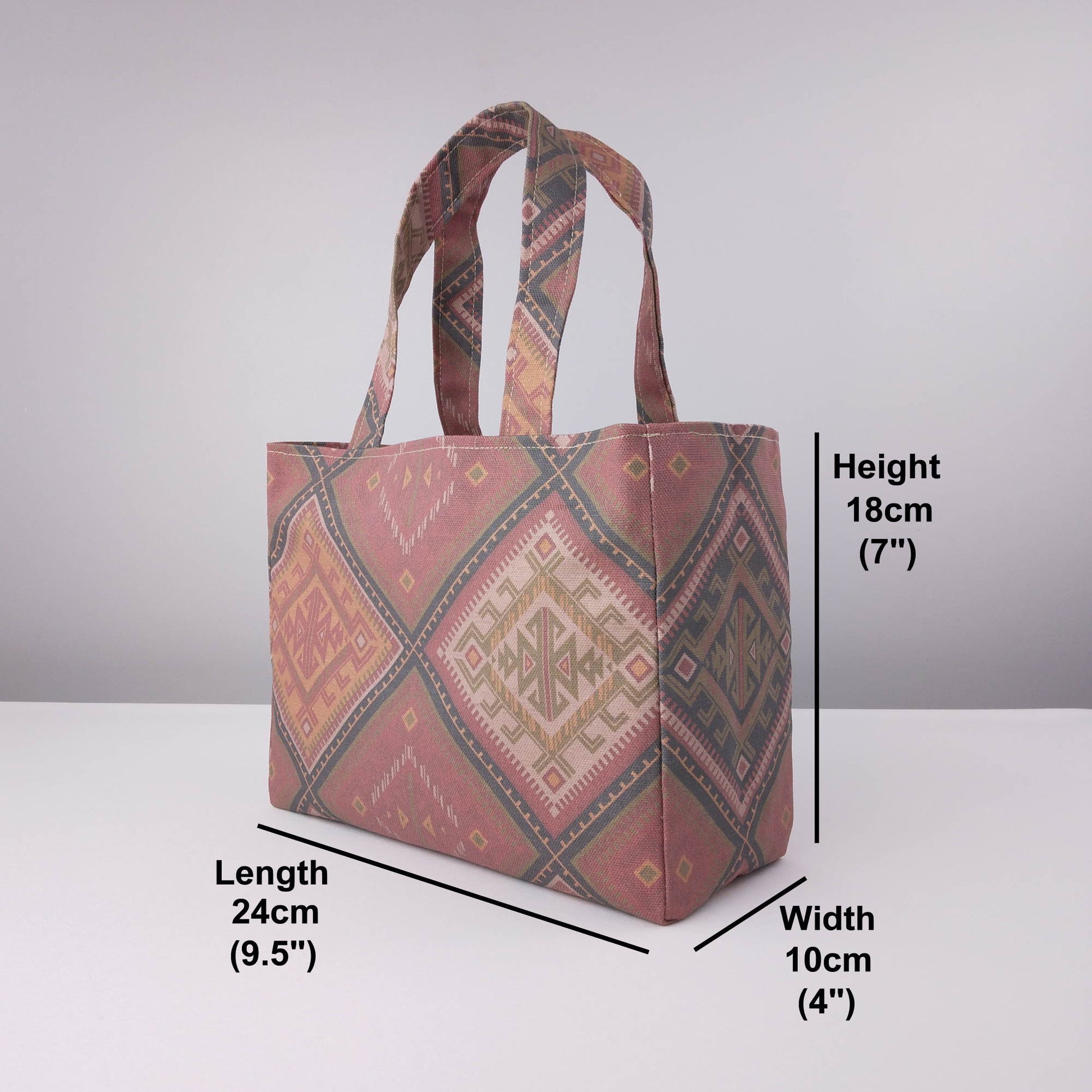 Mini tote bag with red, orange, and beige diamond kilim pattern
