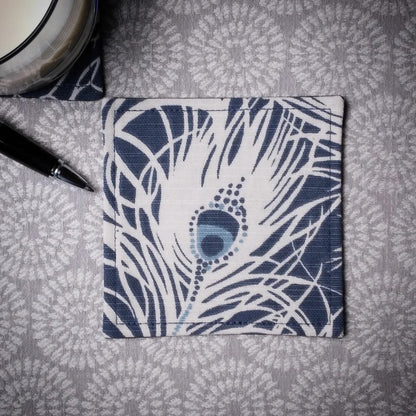 Square Fabric Coaster Set of 2 - Peacock Feathers on Blue