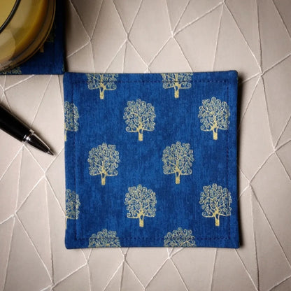 Square Fabric Coaster Set of 2 - Gold Trees on Blue