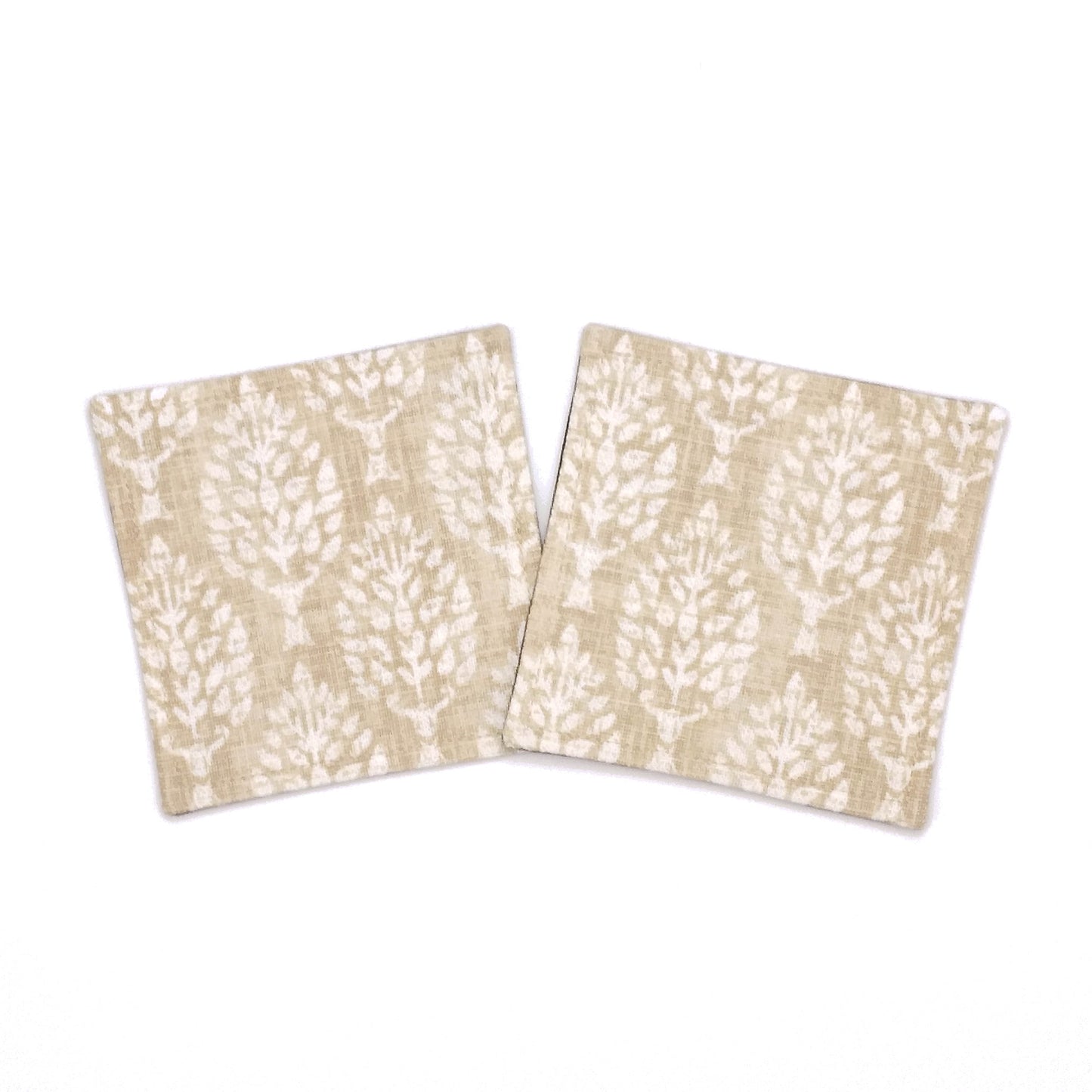 Square coasters with tan poplar trees design on wheat colour background