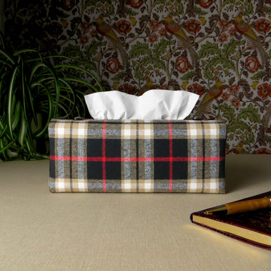 Woven brushed cotton rectangle tissue box cover with black and tan tartan pattern with a red stripe