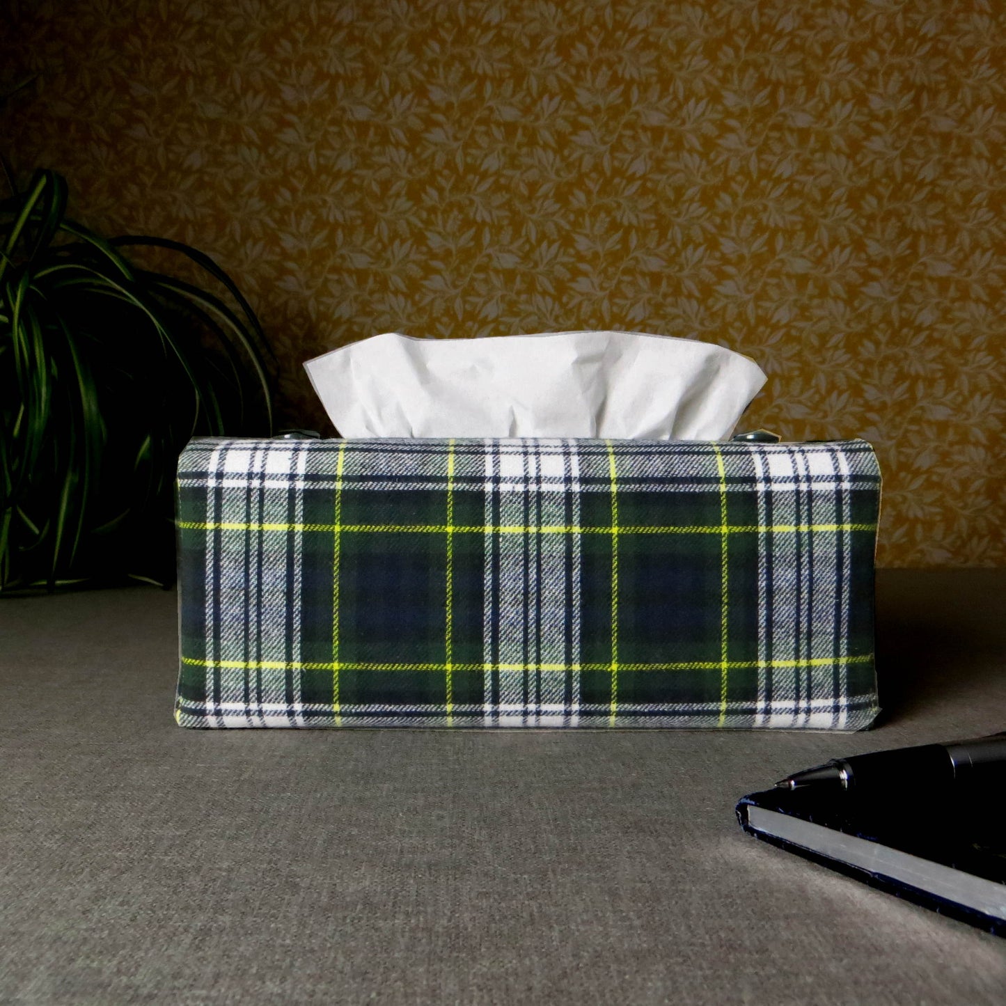 Woven brushed cotton rectangle tissue box cover with blue, green, and white tartan pattern with a yellow stripe