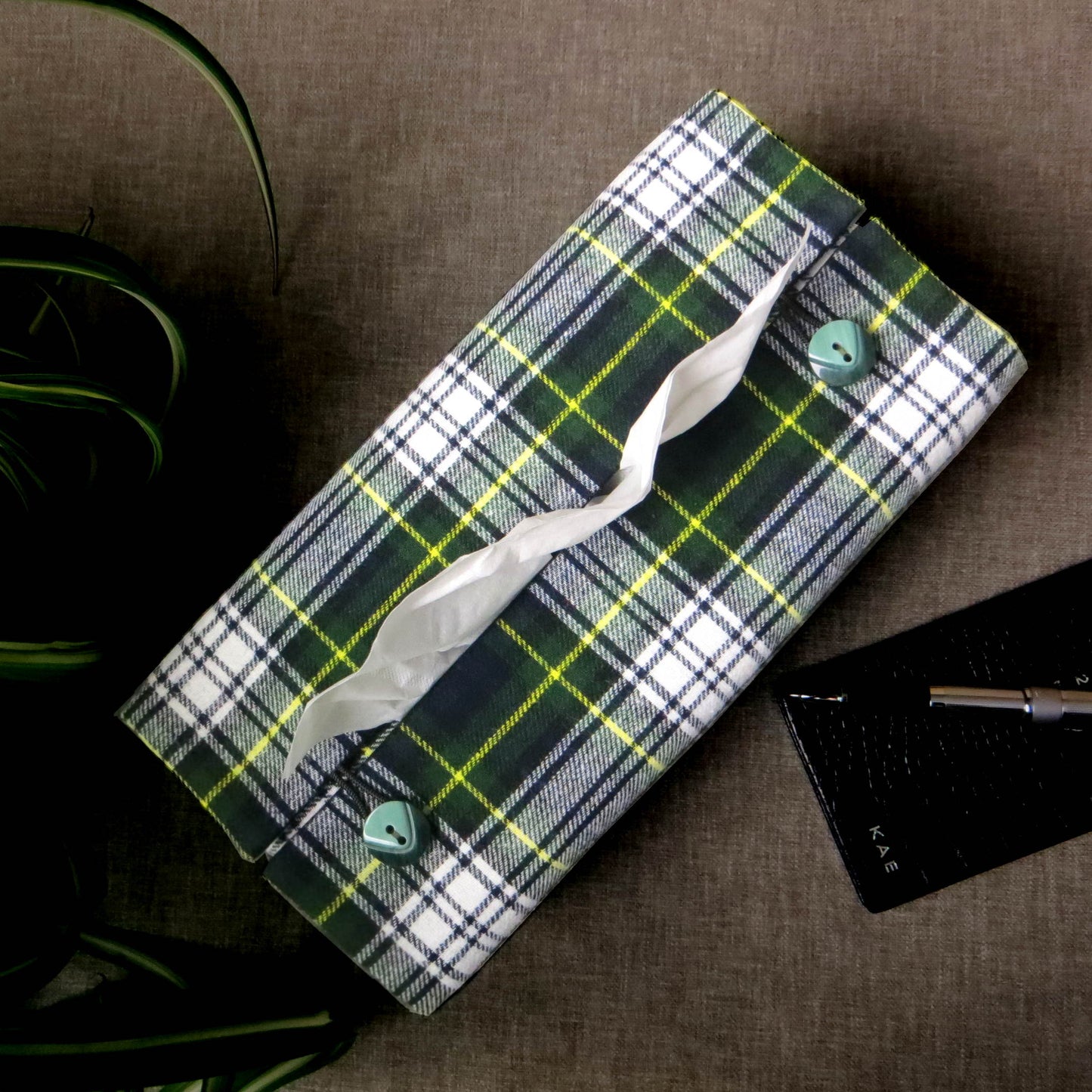 Woven brushed cotton rectangle tissue box cover with blue, green, and white tartan pattern with a yellow stripe