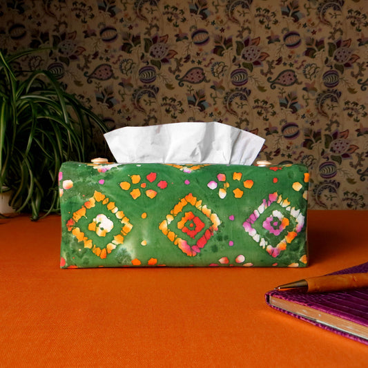 Batik printed cotton rectangle tissue box cover with tie dye orange diamond design on green background