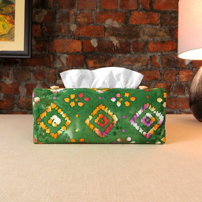 Batik printed cotton rectangle tissue box cover with tie dye orange diamond design on green background