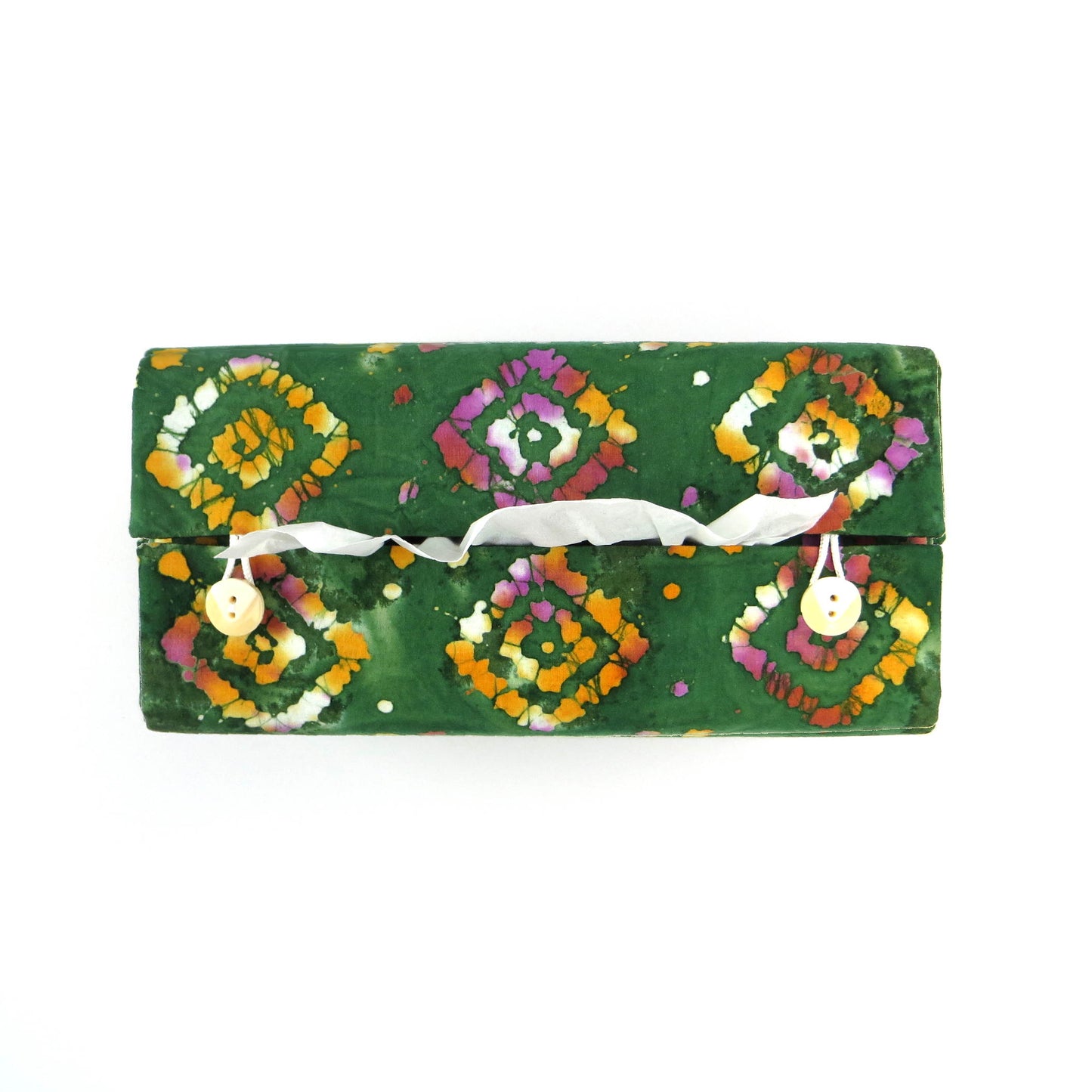 Batik printed cotton rectangle tissue box cover with tie dye orange diamond design on green background