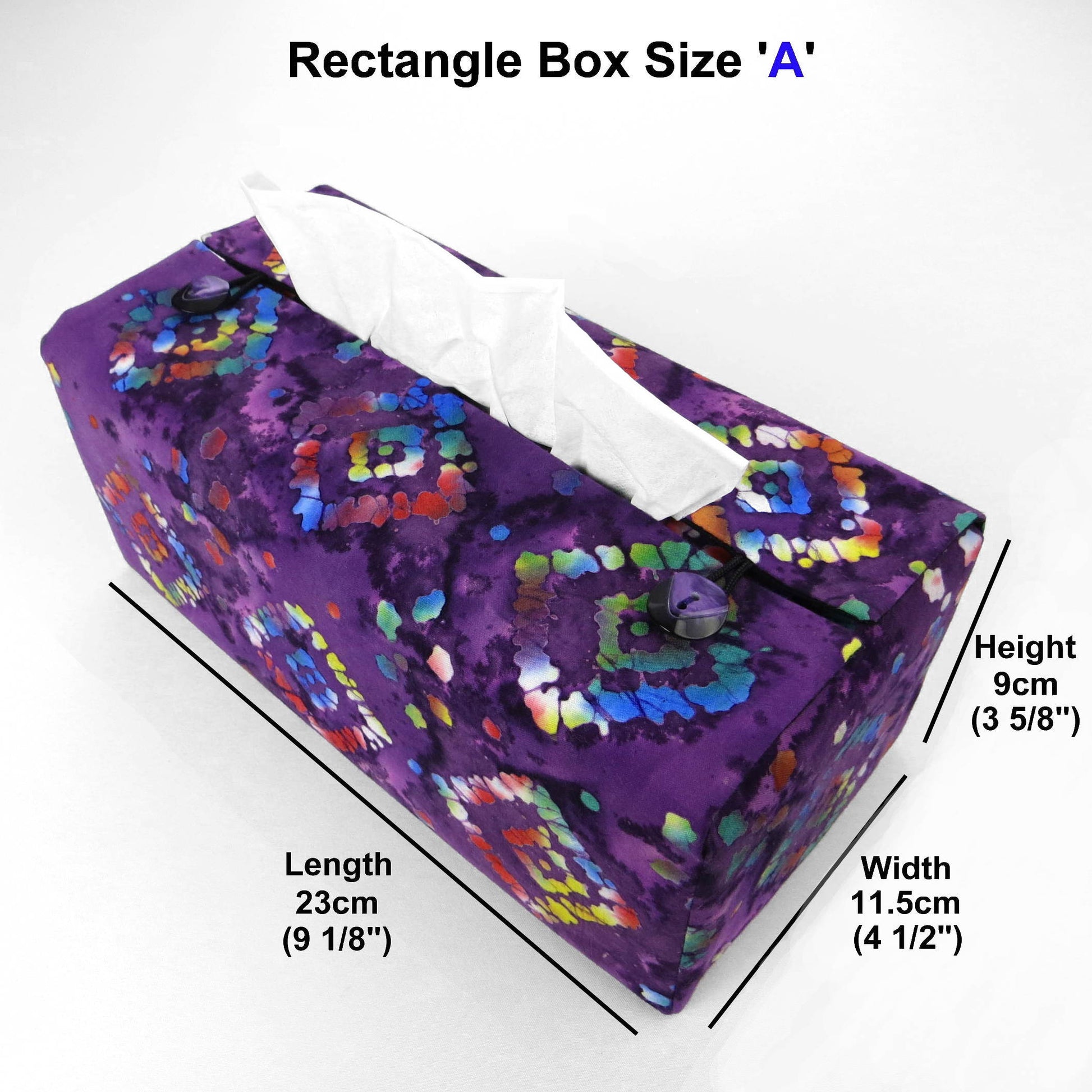 Batik printed cotton rectangle tissue box cover with tie dye multi colour diamond design on purple background