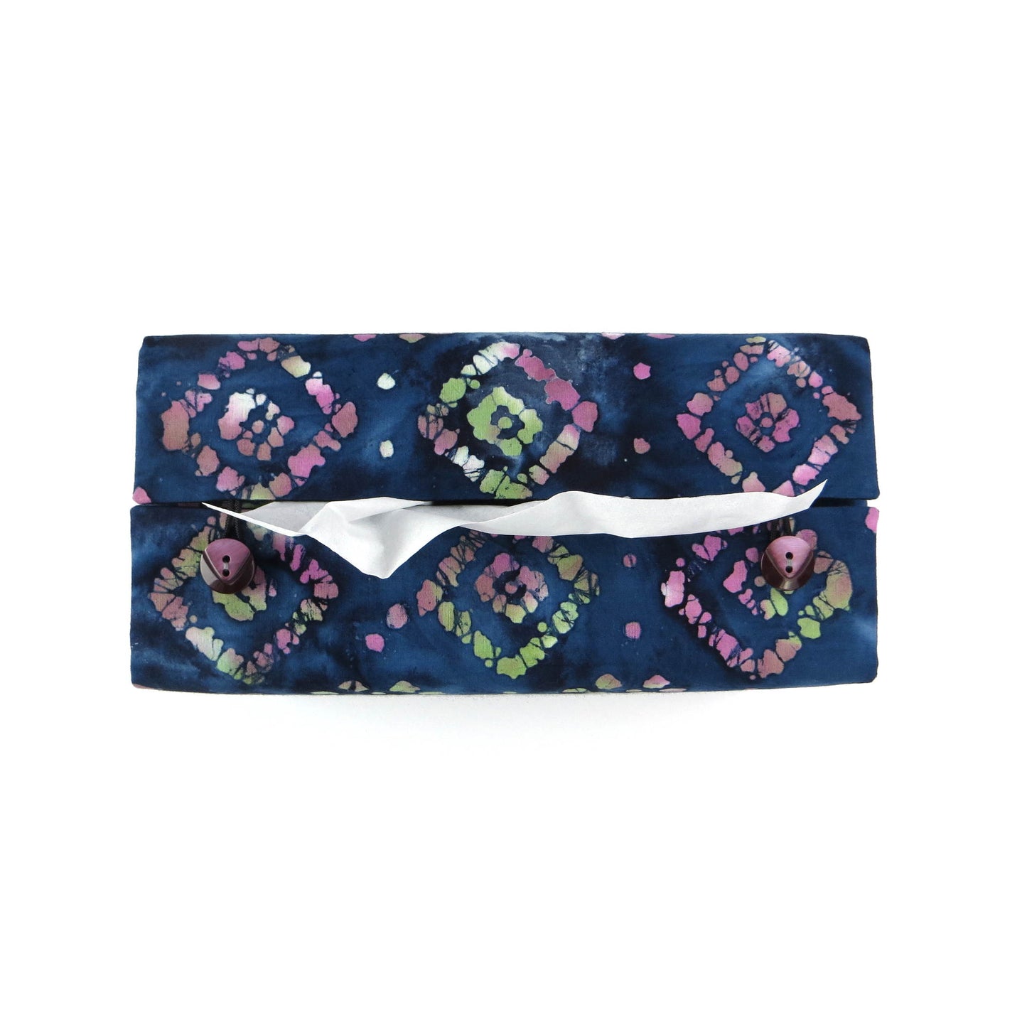 Batik printed cotton rectangle tissue box cover with tie dye magenta and green diamond design on blue background