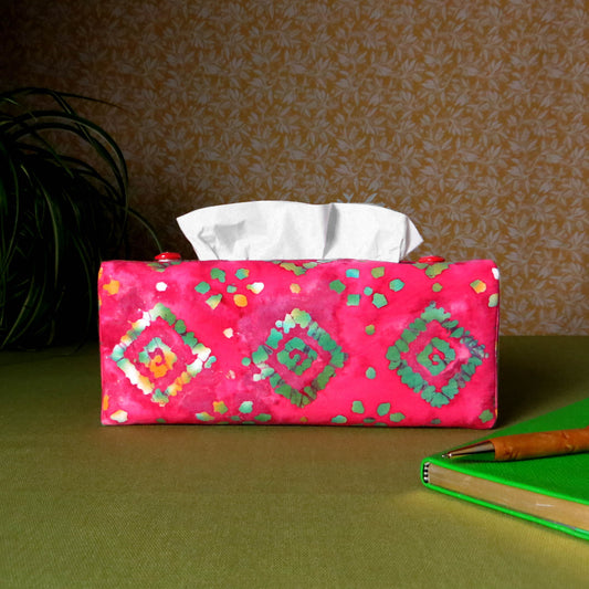 Batik printed cotton rectangle tissue box cover with tie dye green diamond design on pink background