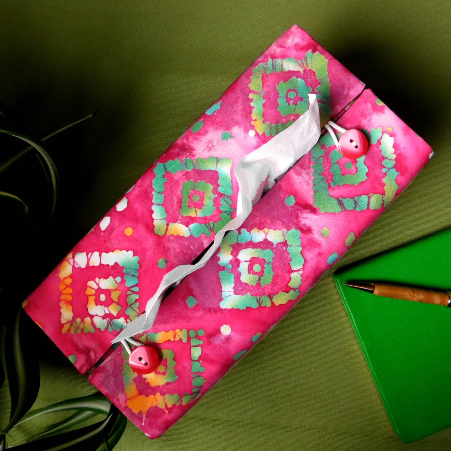 Batik printed cotton rectangle tissue box cover with tie dye green diamond design on pink background