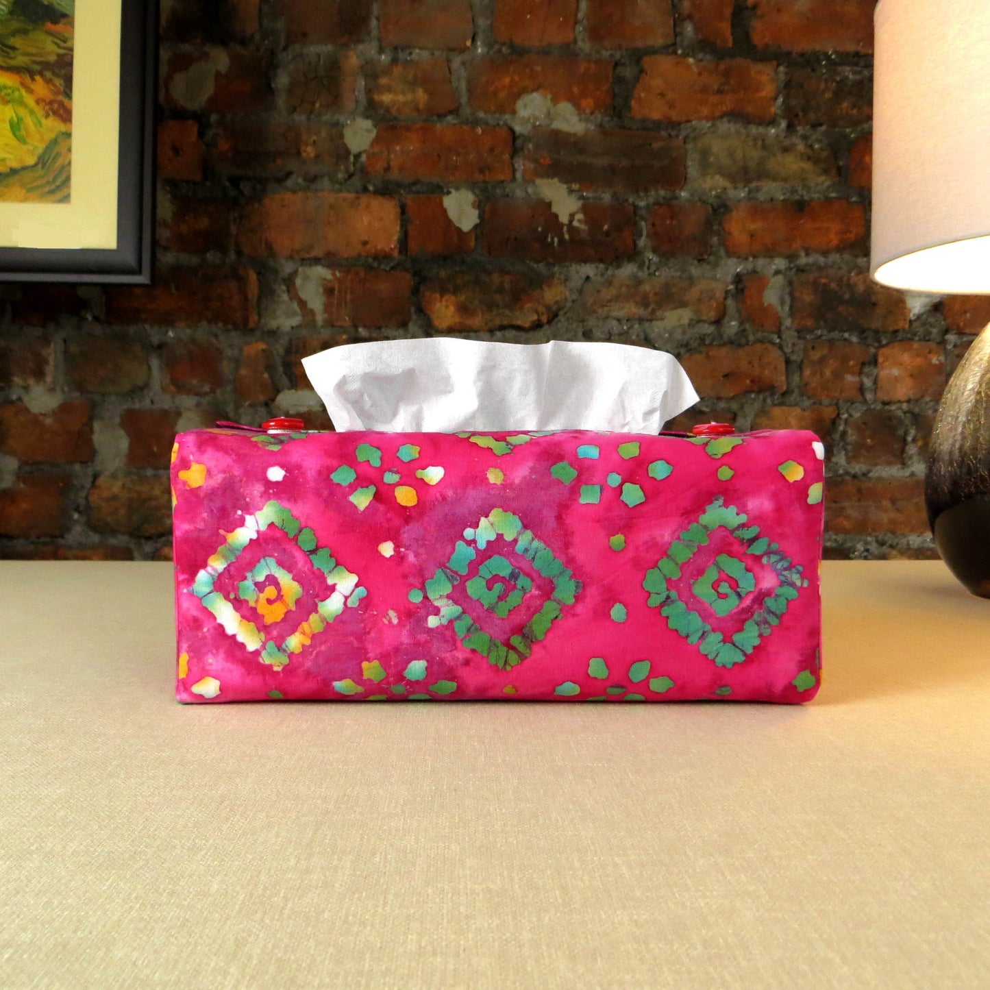 Batik printed cotton rectangle tissue box cover with tie dye green diamond design on pink background