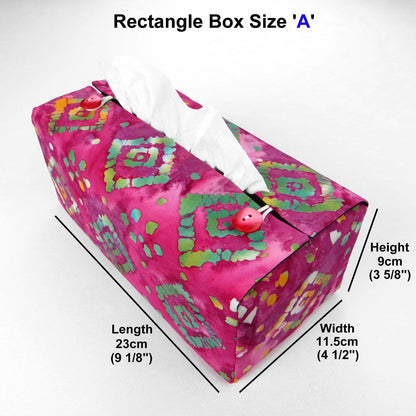 Batik printed cotton rectangle tissue box cover with tie dye green diamond design on pink background