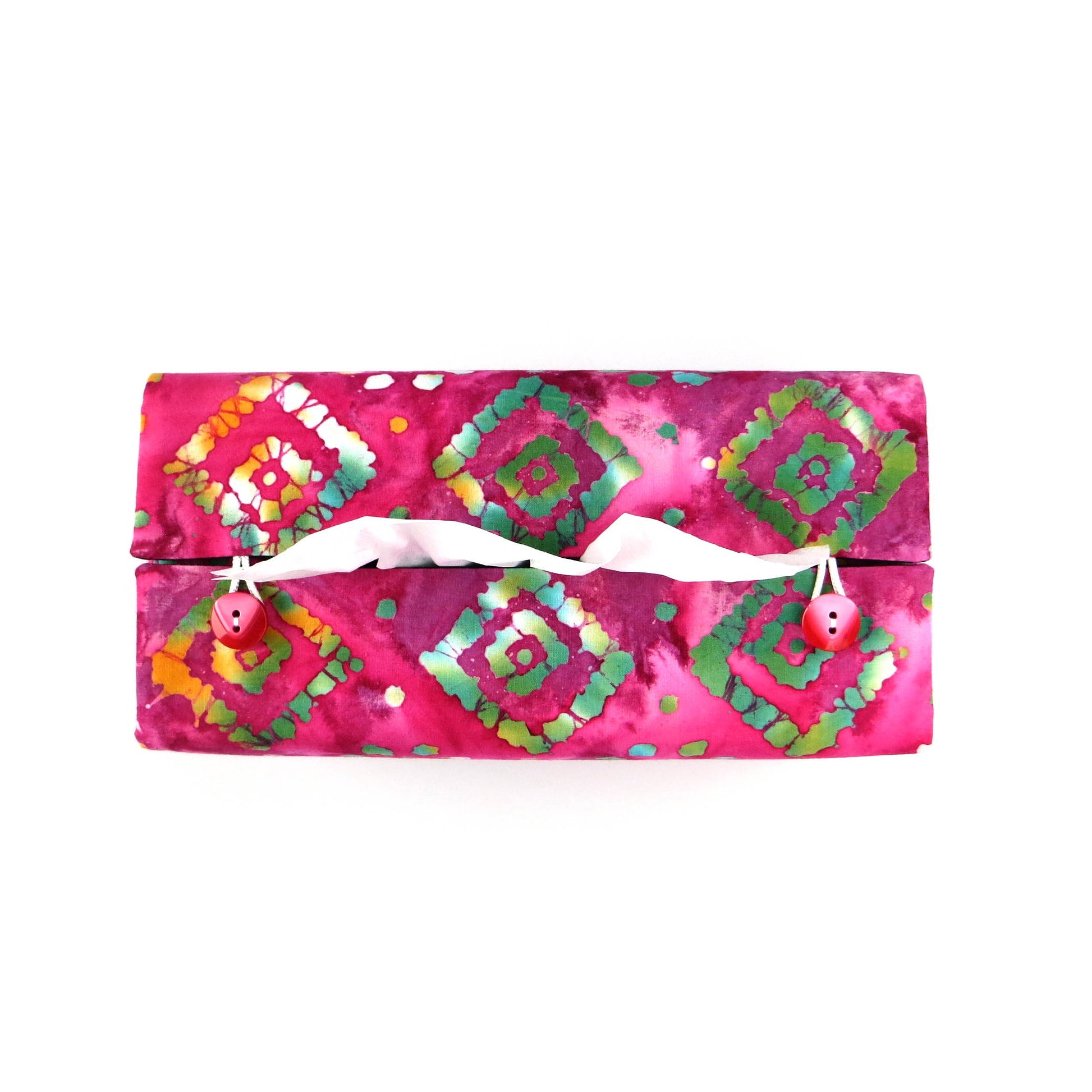 Batik printed cotton rectangle tissue box cover with tie dye green diamond design on pink background