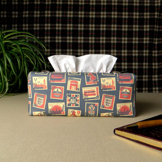 Printed cotton rectangle tissue box cover with British stamps design on pale navy background