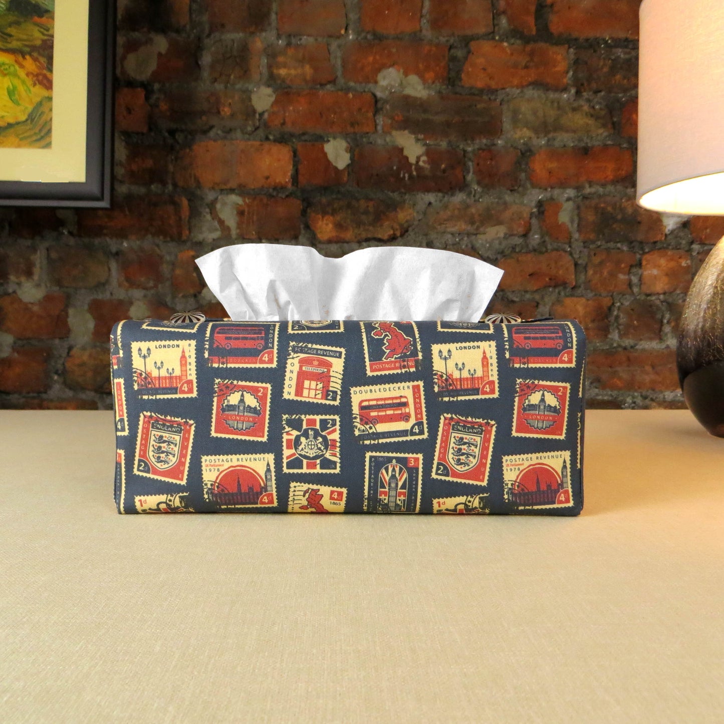 Printed cotton rectangle tissue box cover with British stamps design on pale navy background