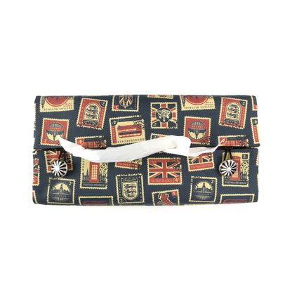 Printed cotton rectangle tissue box cover with British stamps design on pale navy background