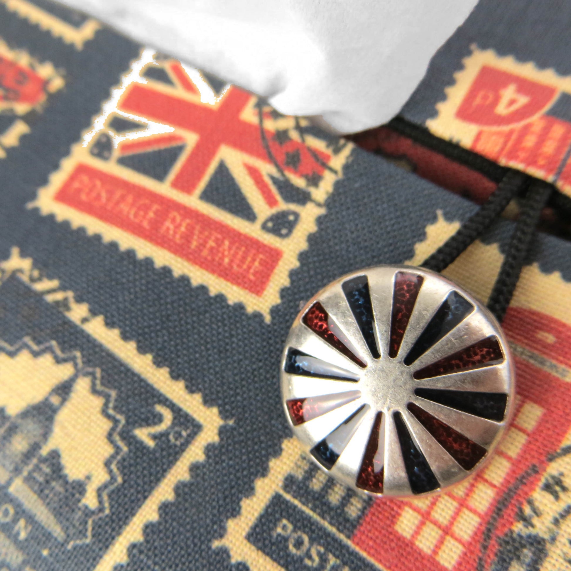 Printed cotton rectangle tissue box cover with British stamps design on pale navy background