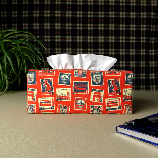 Printed cotton rectangle tissue box cover with British stamps design on red background