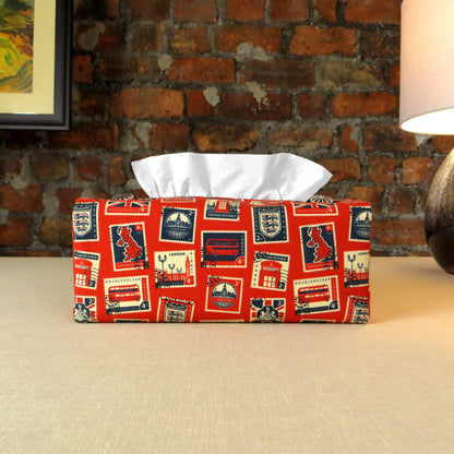 Printed cotton rectangle tissue box cover with British stamps design on red background