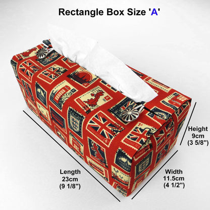 Printed cotton rectangle tissue box cover with British stamps design on red background