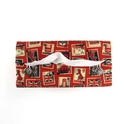 Rectangular Fabric Tissue Box Cover - British Stamps on Red