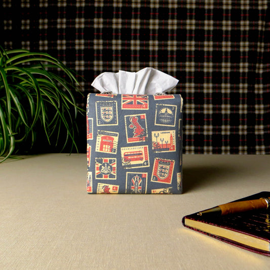 Printed cotton square tissue box cover with British stamps design on pale navy background