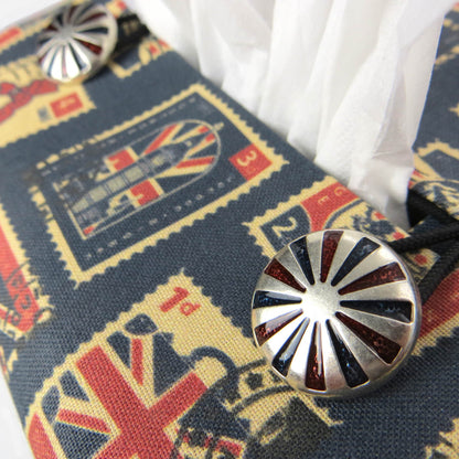 Printed cotton square tissue box cover with British stamps design on pale navy background