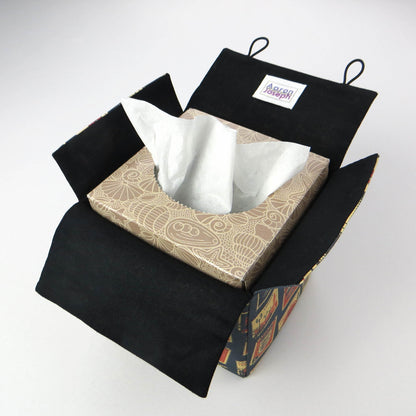Printed cotton square tissue box cover with British stamps design on pale navy background