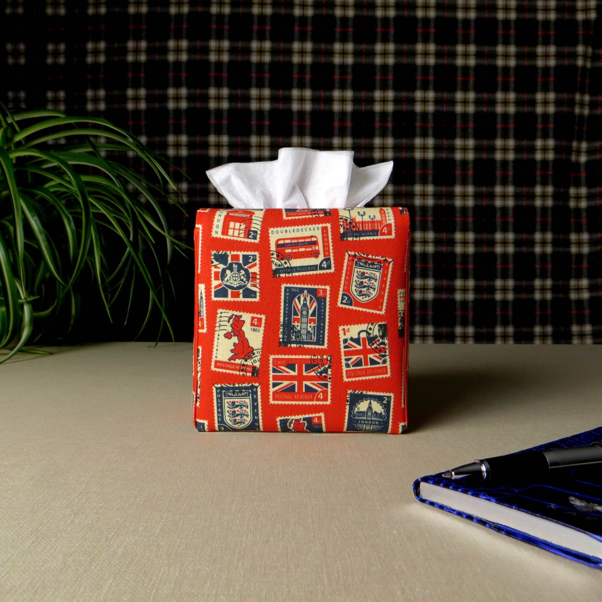 Printed cotton square tissue box cover with British stamps design on red background