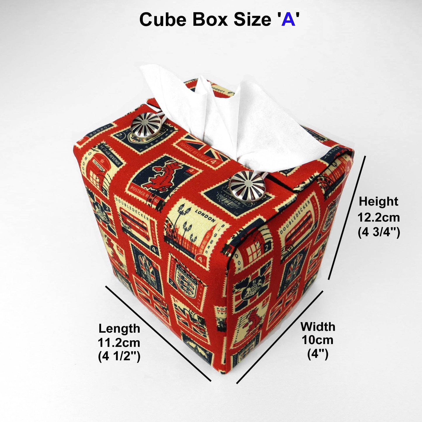 Printed cotton square tissue box cover with British stamps design on red background