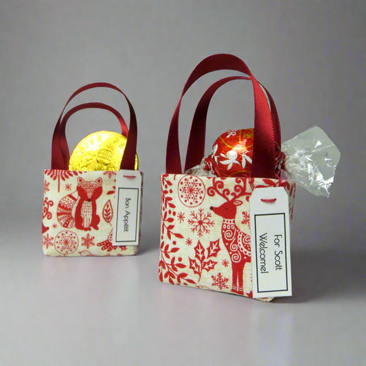 Pair of miniature fabric tote decorations that you can fill with your favourite treats
