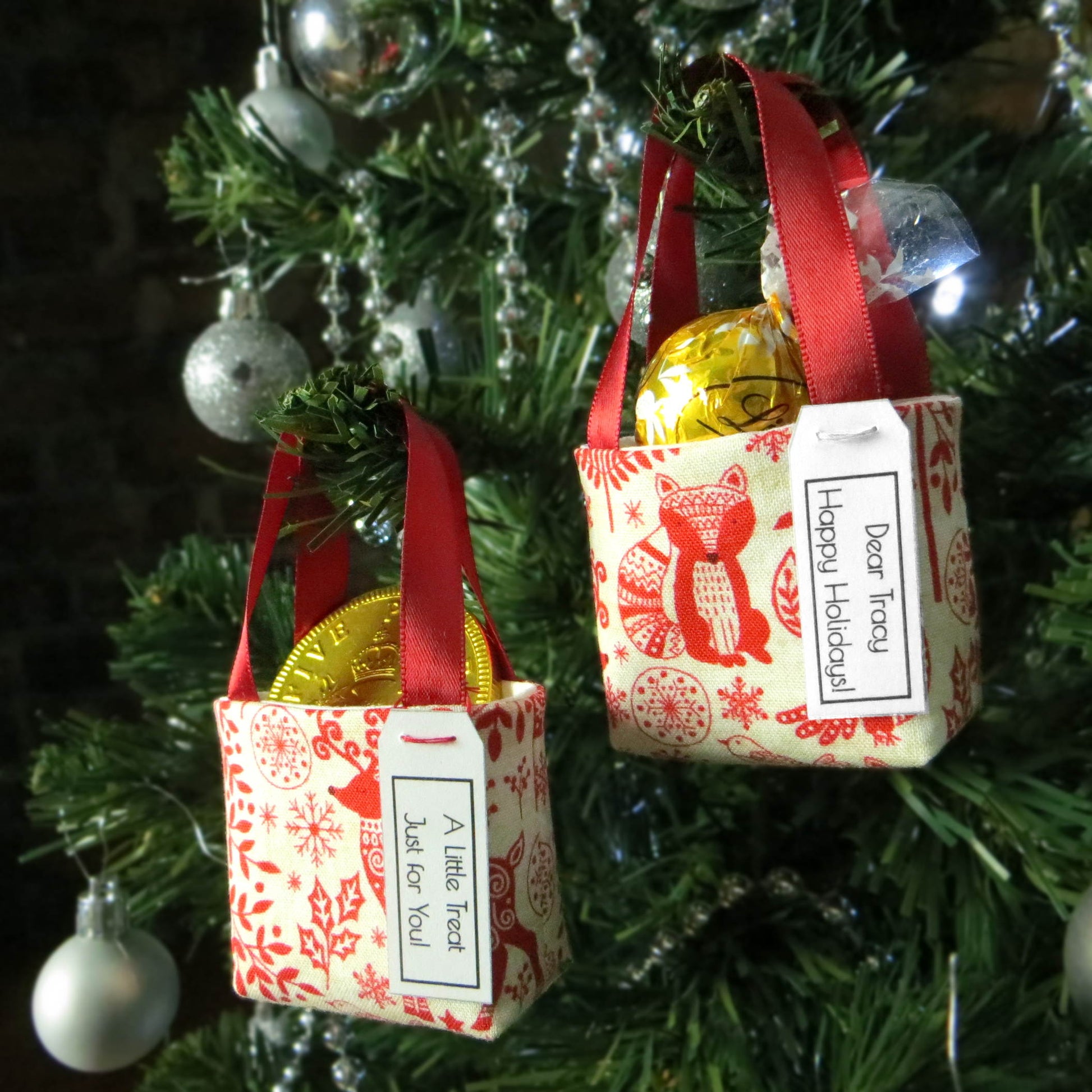 Pair of miniature fabric tote decorations that you can fill with your favourite treats