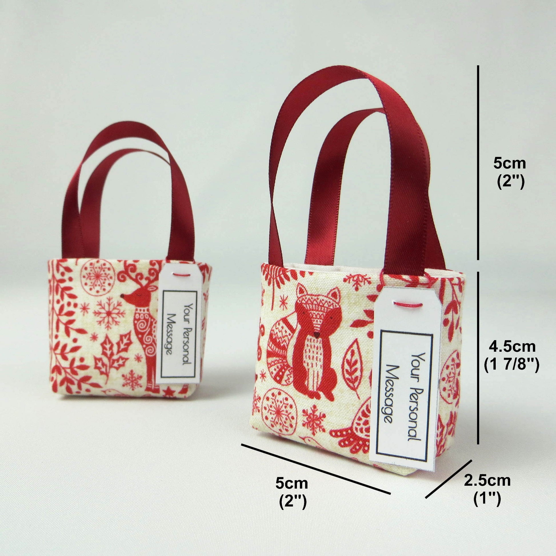 Pair of miniature fabric tote decorations that you can fill with your favourite treats