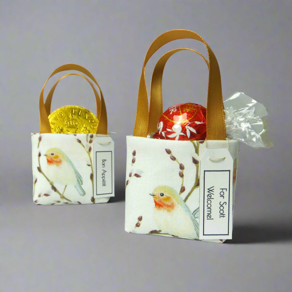 Pair of miniature fabric tote decorations that you can fill with your favourite treats