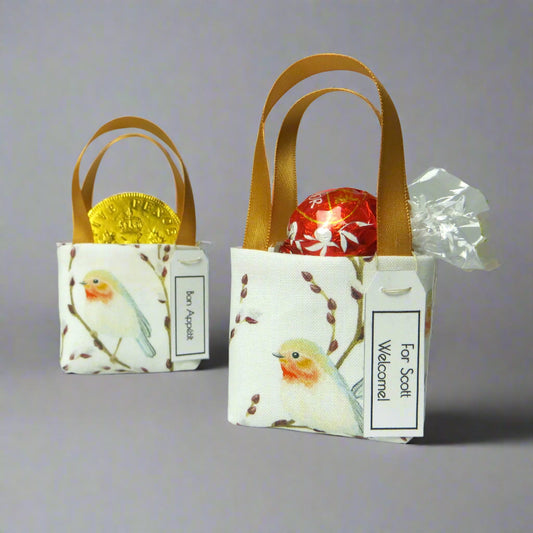 Pair of miniature fabric tote decorations that you can fill with your favourite treats