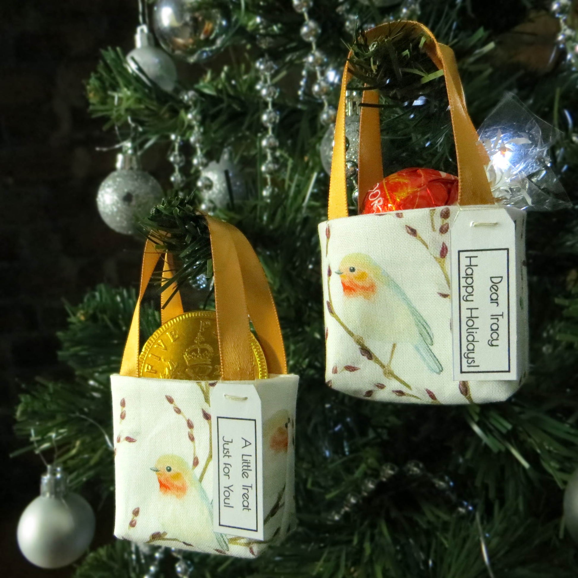 Pair of miniature fabric tote decorations that you can fill with your favourite treats