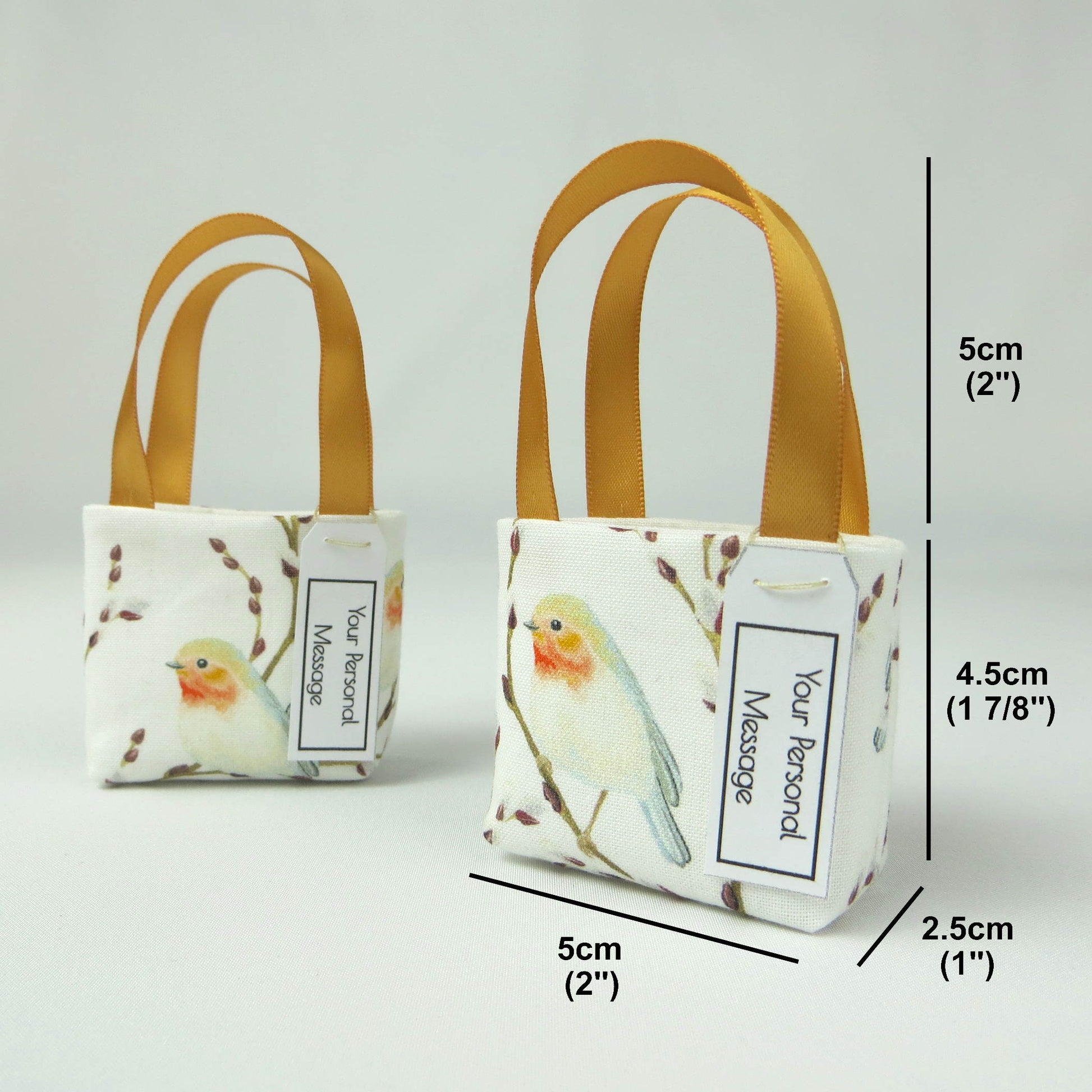 Pair of miniature fabric tote decorations that you can fill with your favourite treats