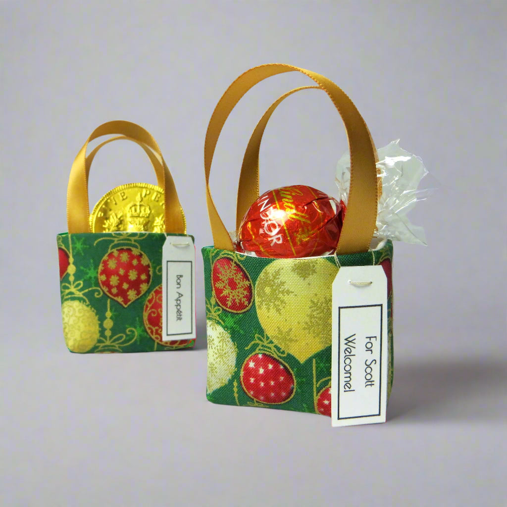 Pair of miniature fabric tote decorations that you can fill with your favourite treats