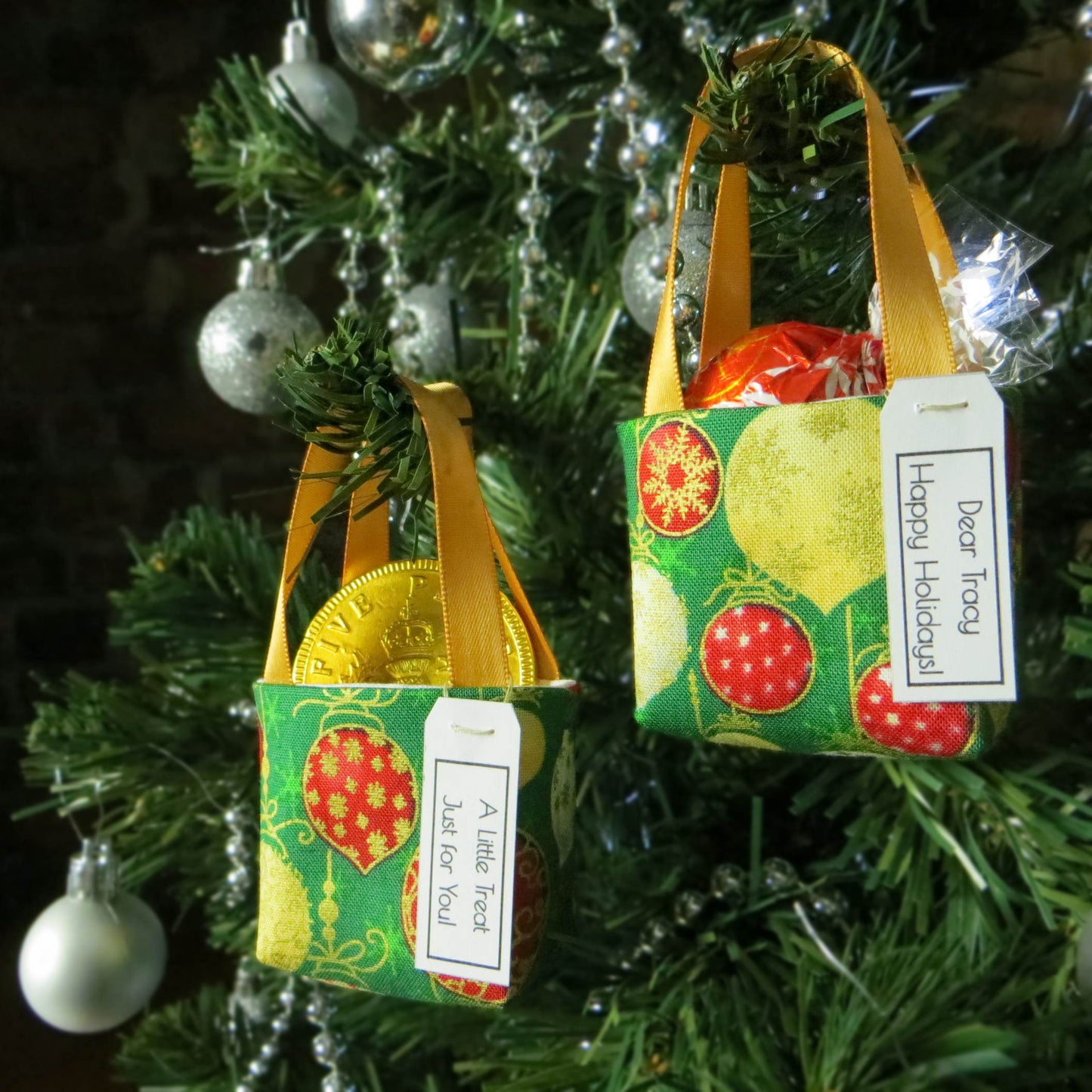 Pair of miniature fabric tote decorations that you can fill with your favourite treats