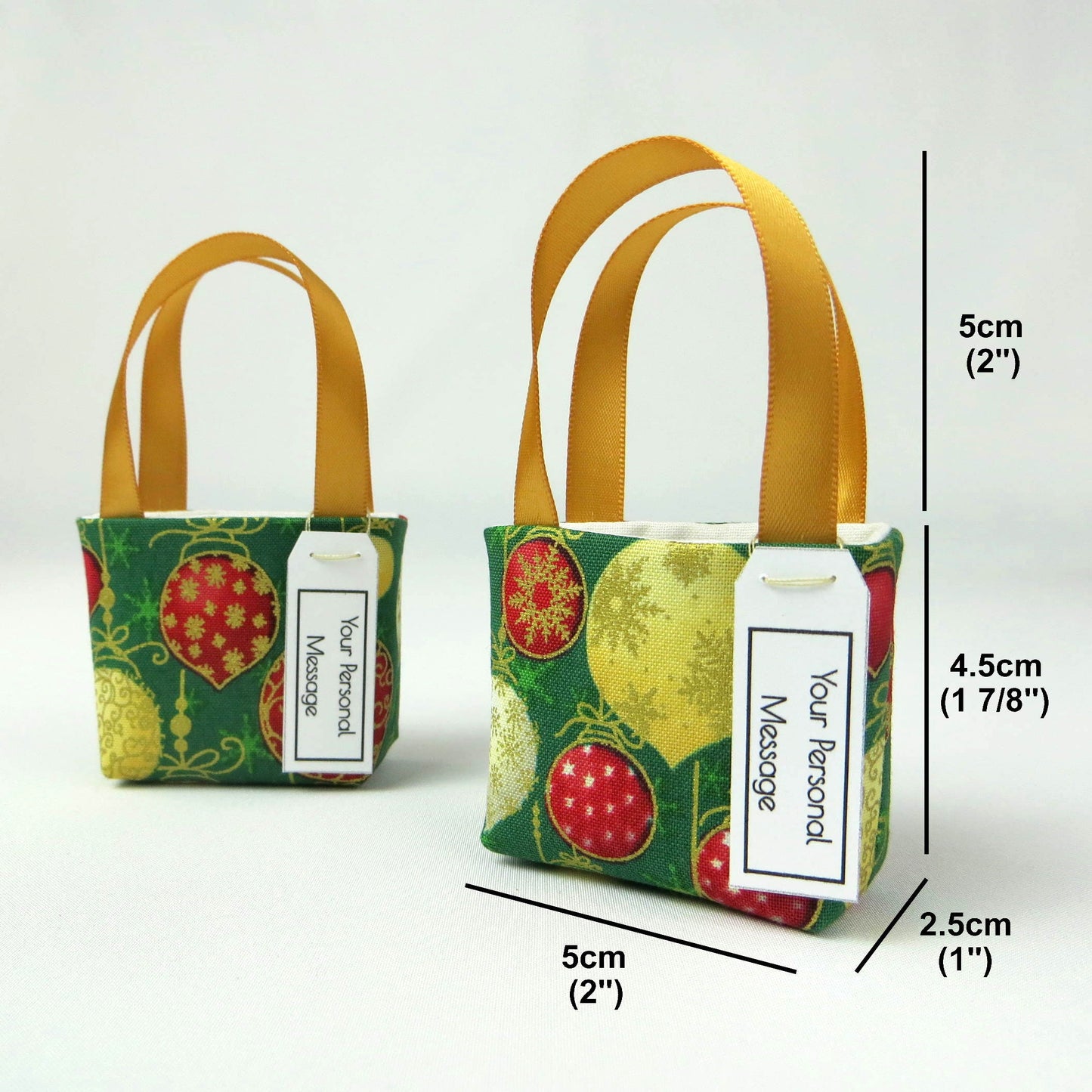 Pair of miniature fabric tote decorations that you can fill with your favourite treats