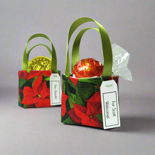 Pair of miniature fabric tote decorations that you can fill with your favourite treats