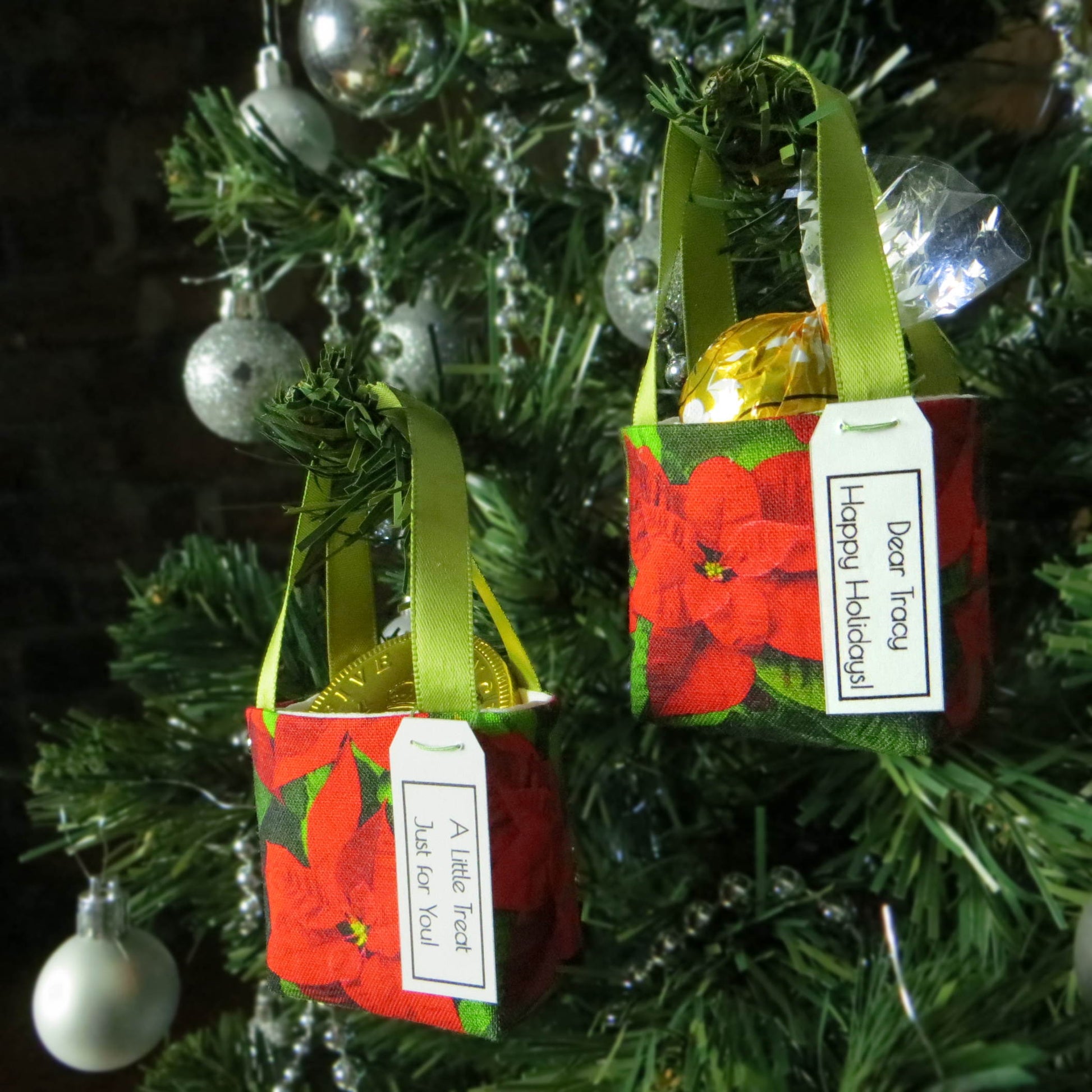 Pair of miniature fabric tote decorations that you can fill with your favourite treats