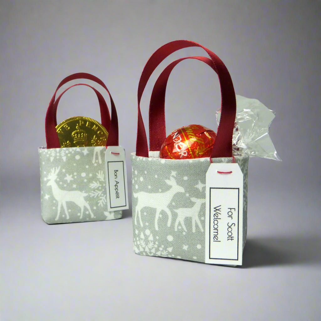 Pair of miniature fabric tote decorations that you can fill with your favourite treats