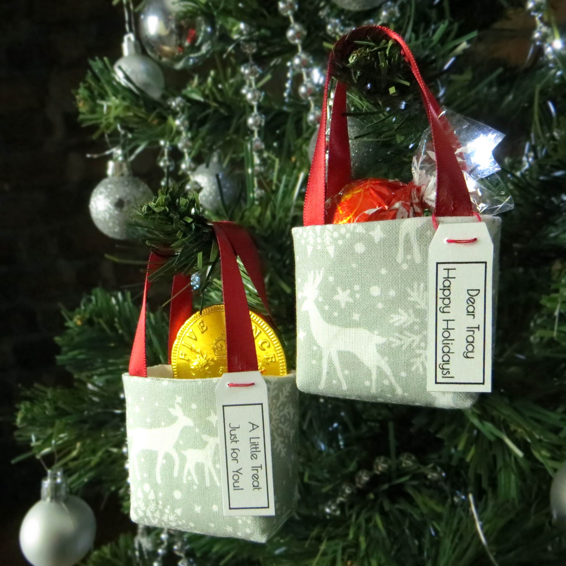 Pair of miniature fabric tote decorations that you can fill with your favourite treats