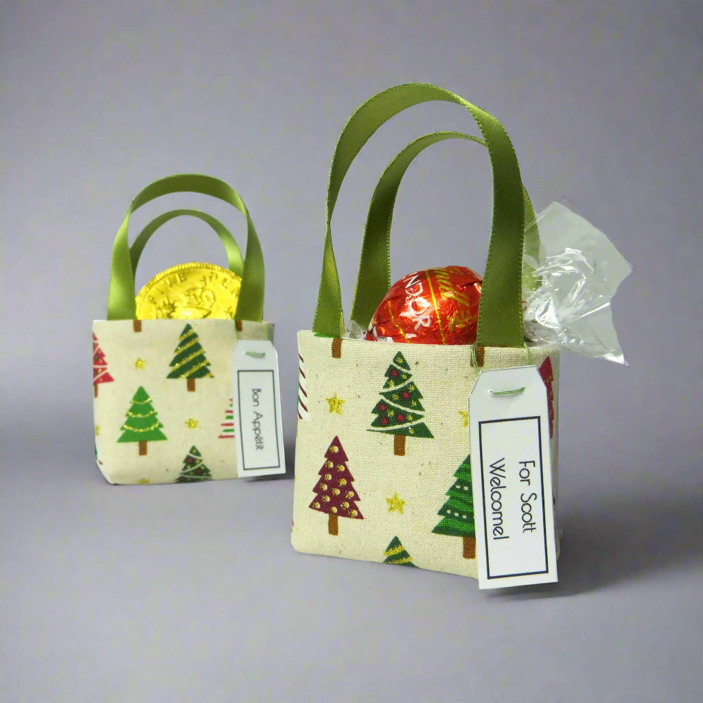 Pair of miniature fabric tote decorations that you can fill with your favourite treats