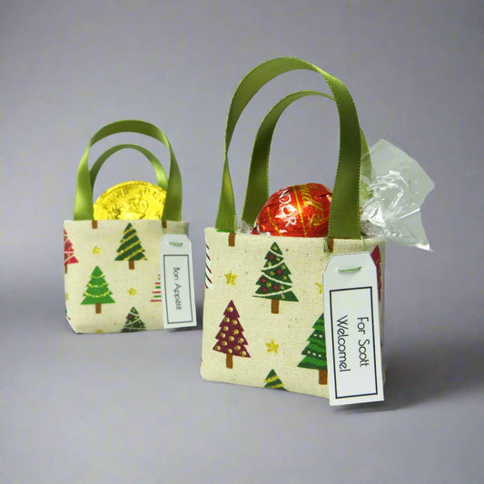 Pair of miniature fabric tote decorations that you can fill with your favourite treats