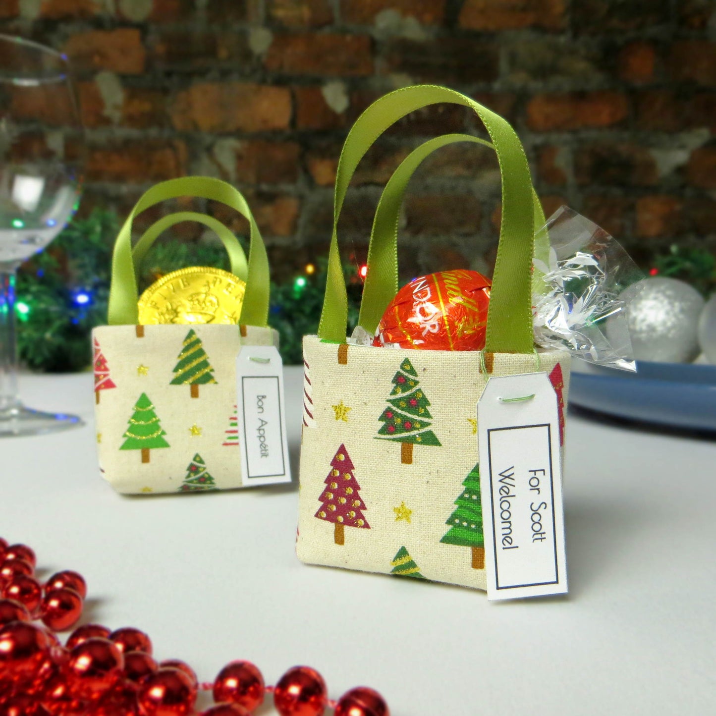 Pair of miniature fabric tote decorations that you can fill with your favourite treats