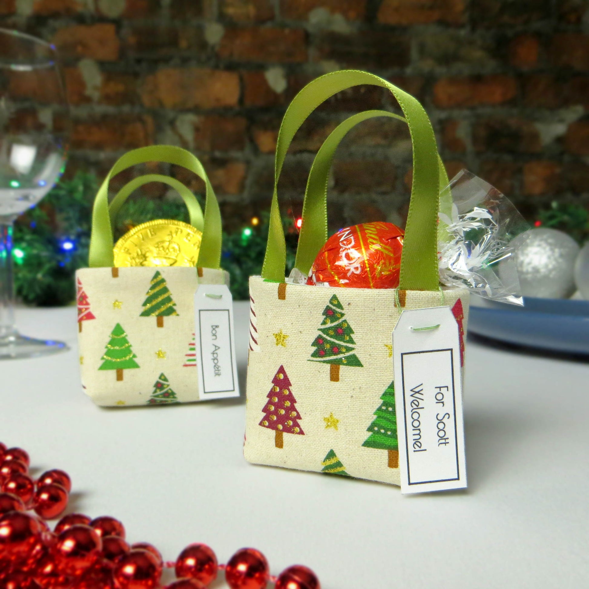 Pair of miniature fabric tote decorations that you can fill with your favourite treats
